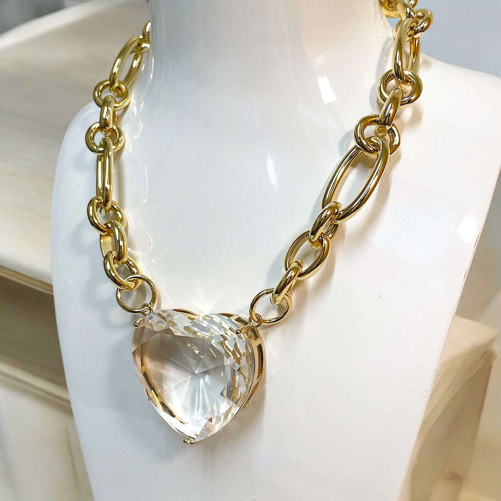 Crystal Heart Chunky Gold Chain Necklace
