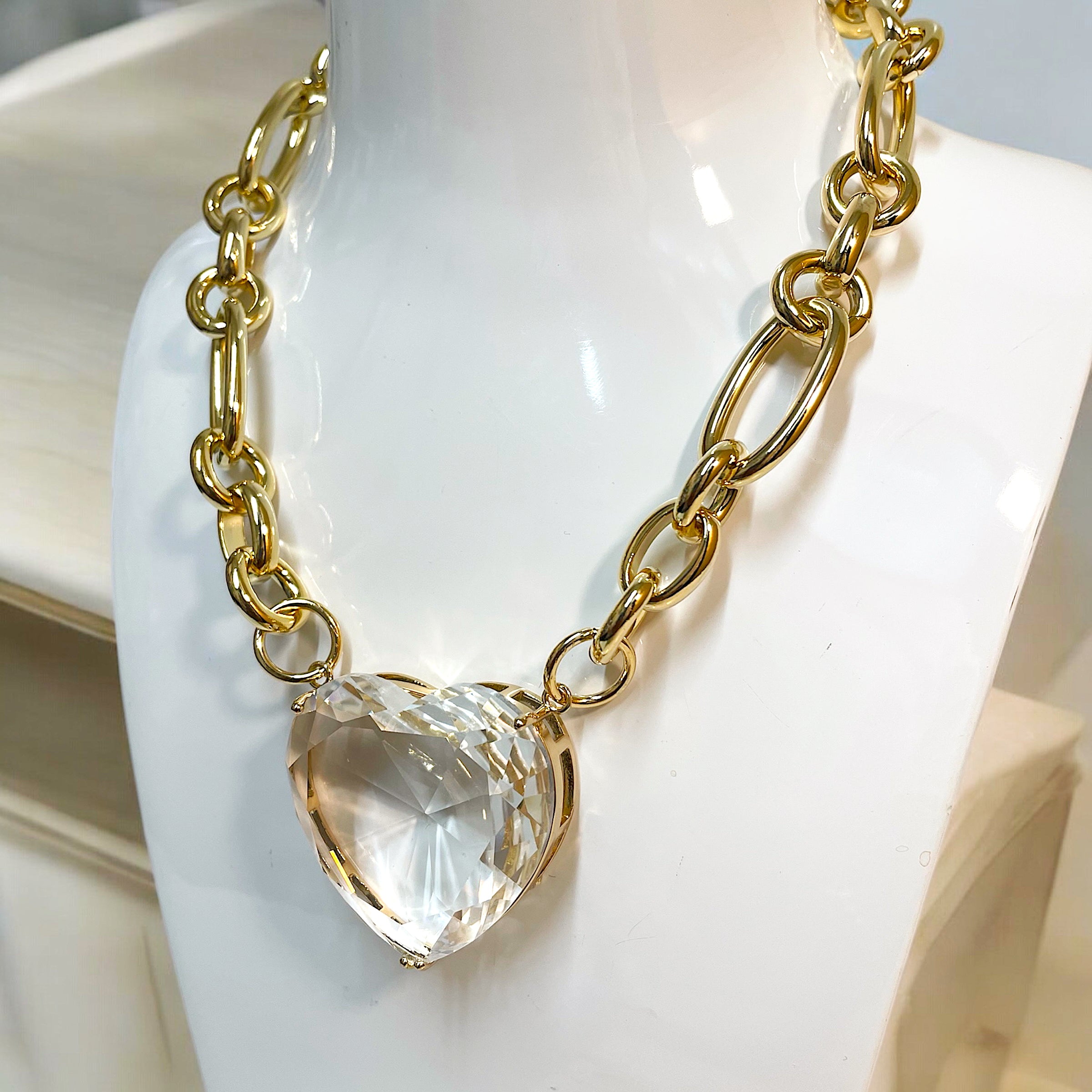Crystal Heart Chunky Gold Chain Necklace