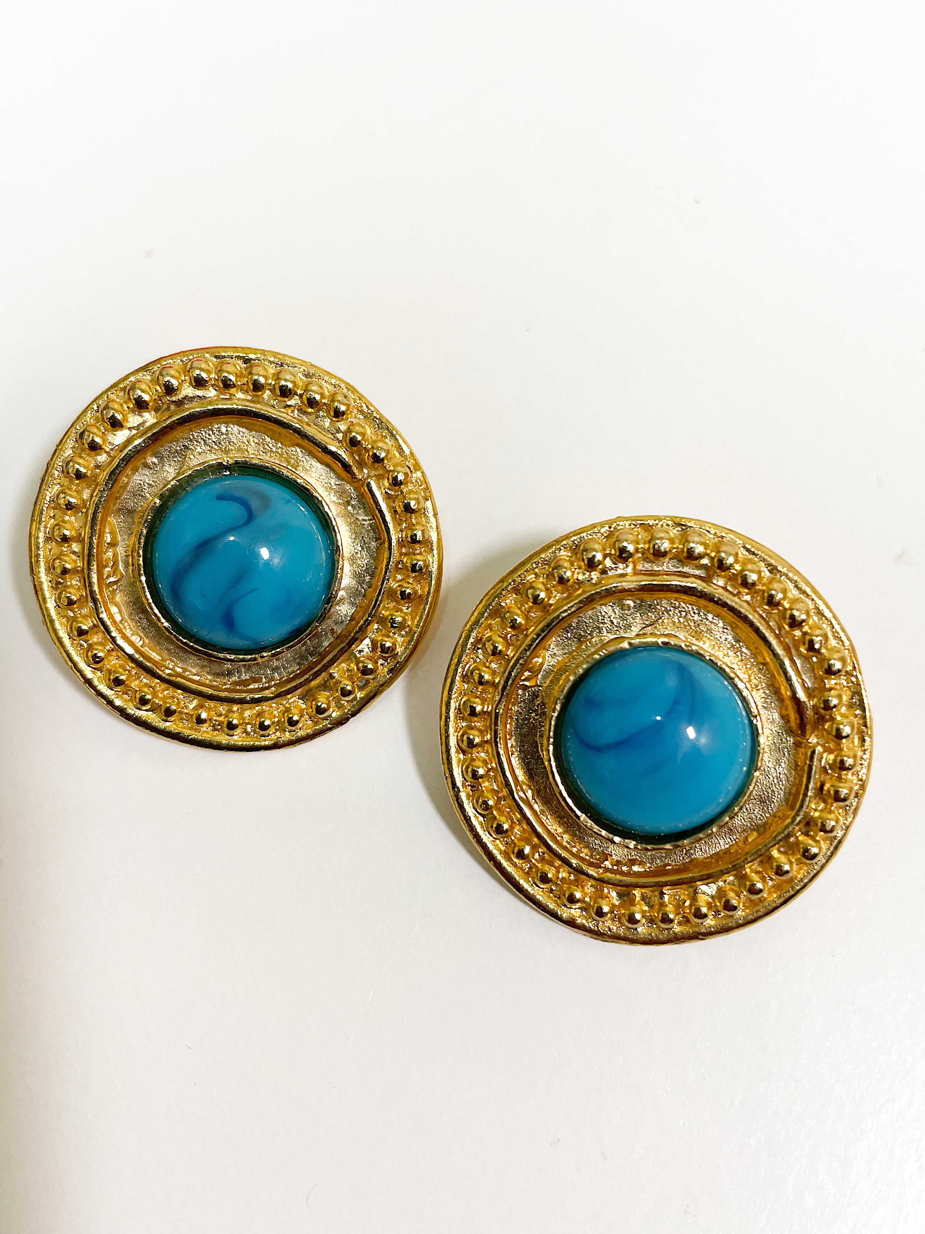 Turquoise blue cabochon round domed clip on earrings