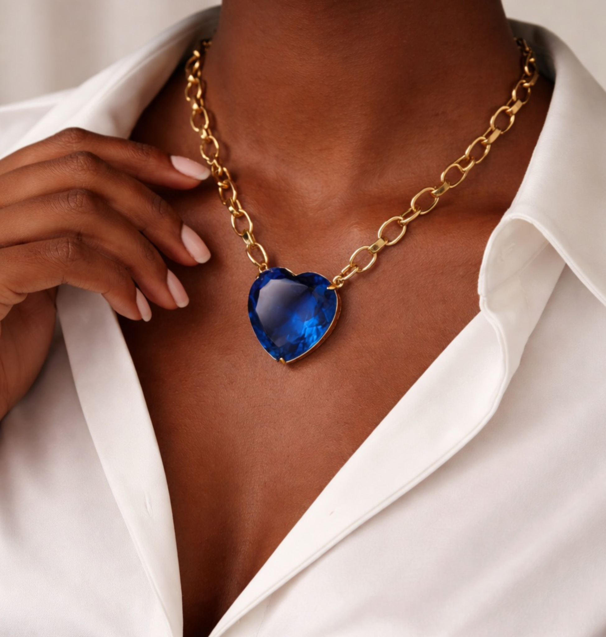 Blue Heart Chunky Gold Chain Necklace