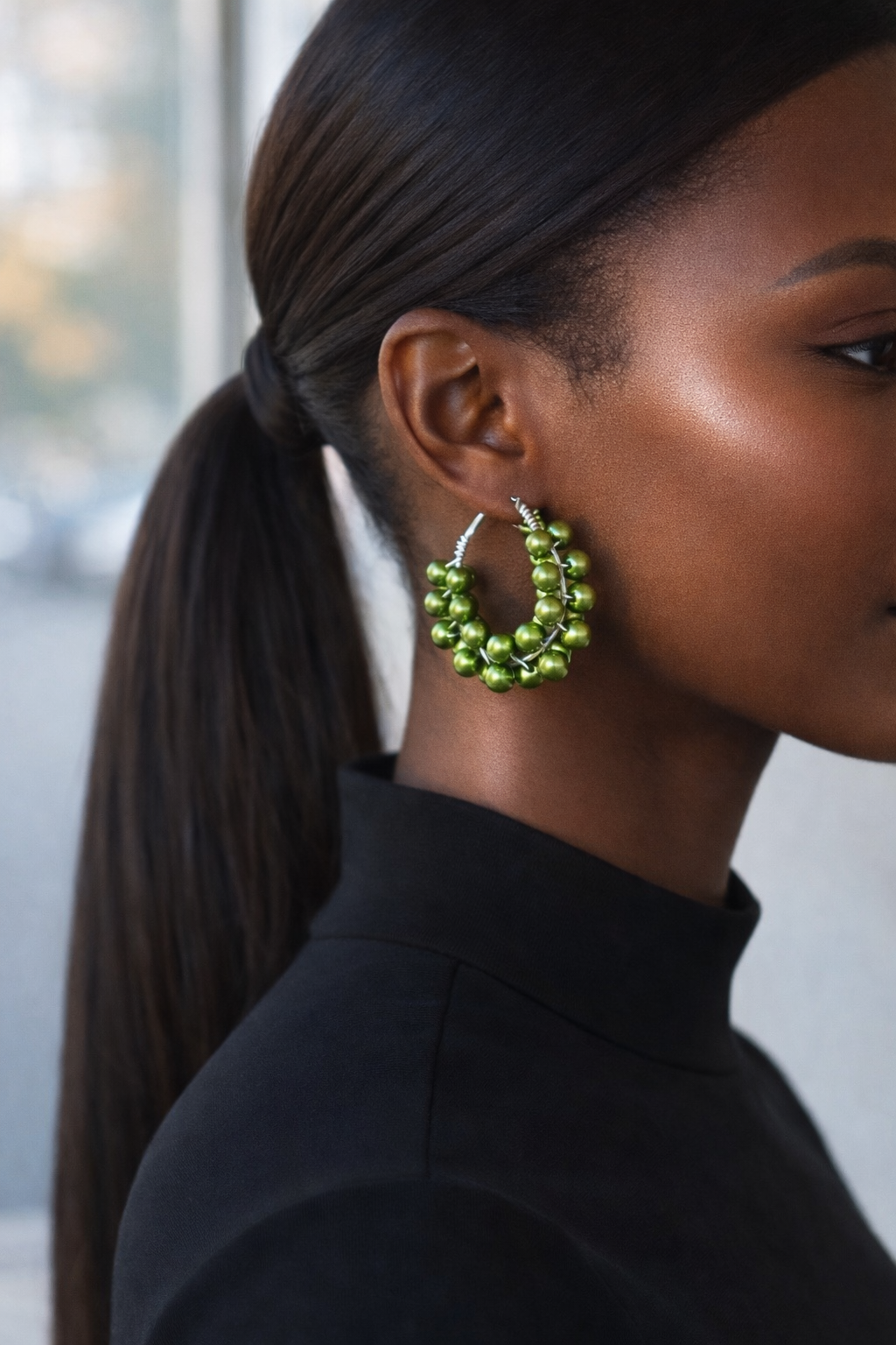 Green Pearl Beaded Hoop Earrings