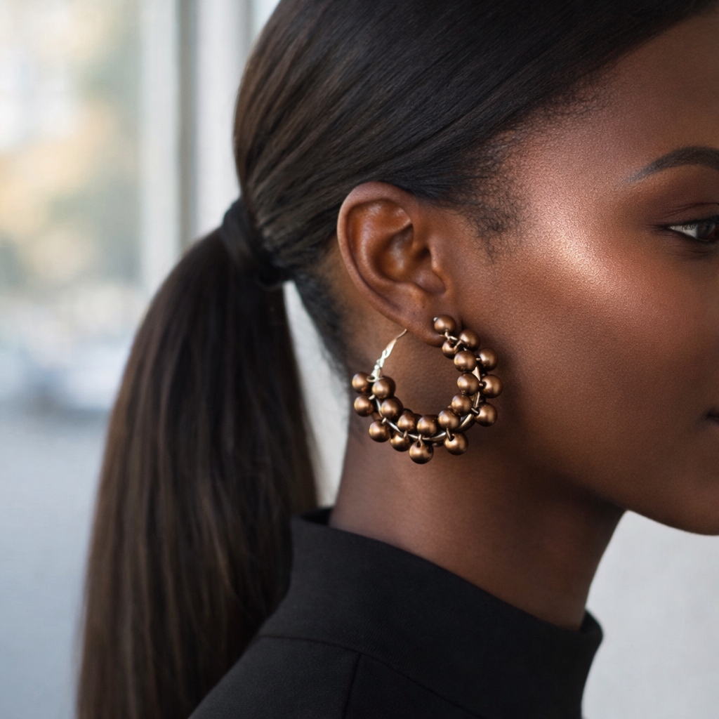 Chocolate Inspired Brown Pearl Beaded Hoop Earrings