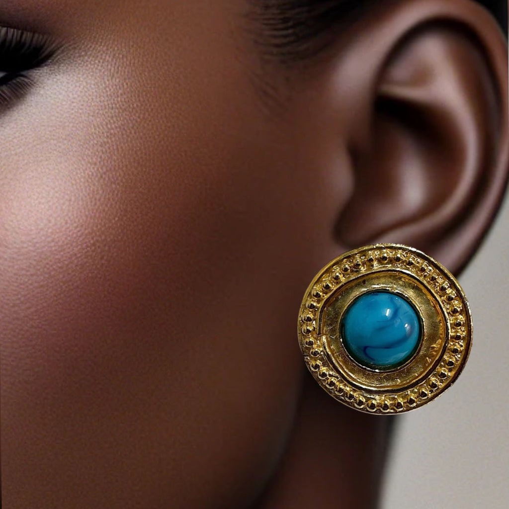 Turquoise blue cabochon round domed clip on earrings