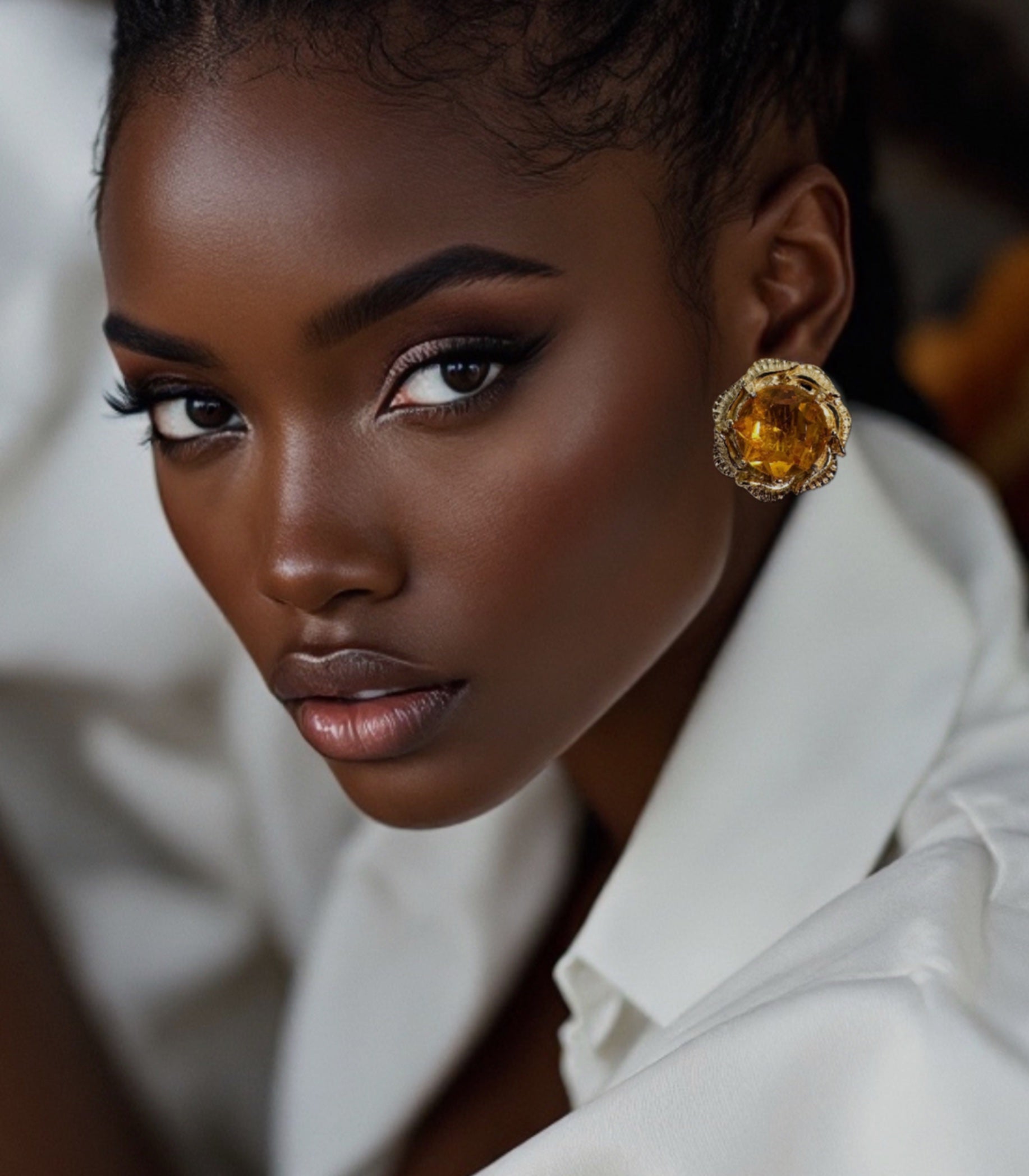 Gold tone topaz glass crystal round stud clip on earrings