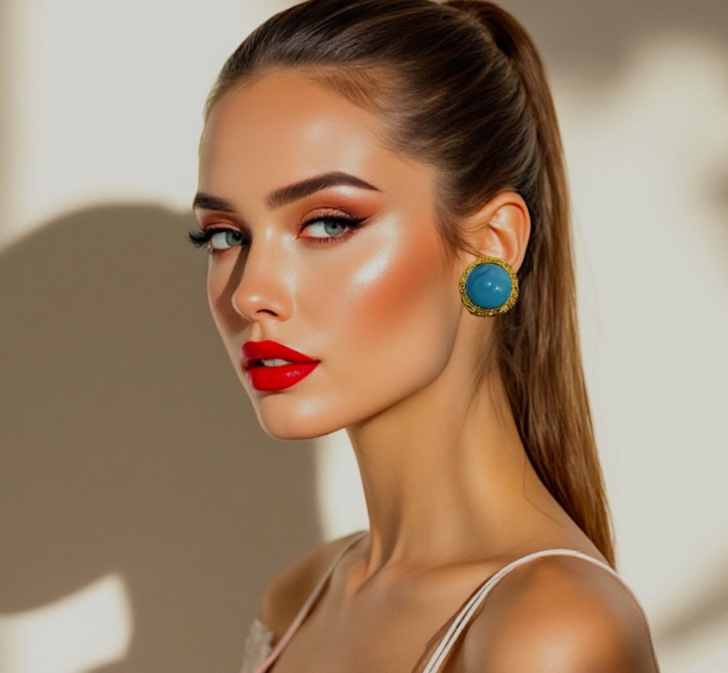 Turquoise blue cabochon round clip on earrings